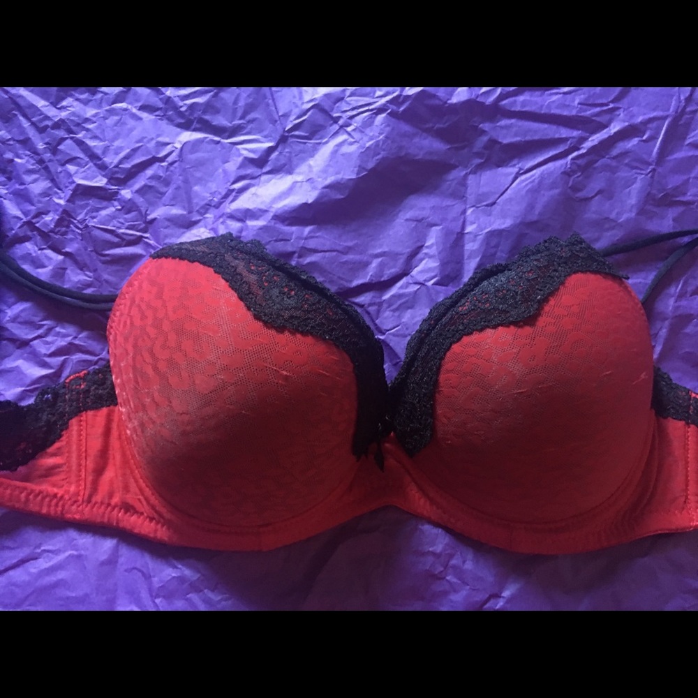 Red cheetah bra with black lace trim